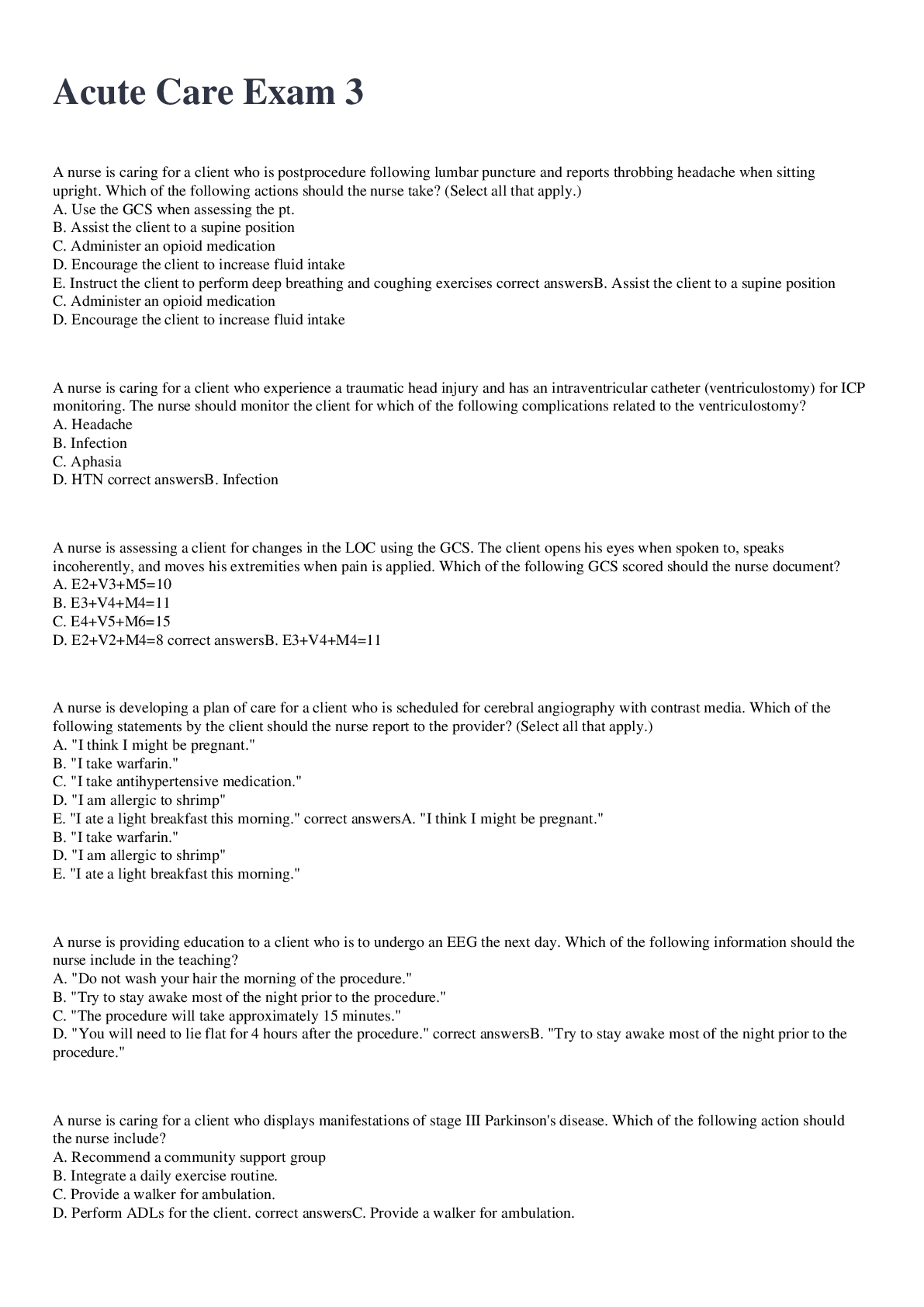 Preview image for Acute Care Exam 3 2022/2023 with 100% correct answers